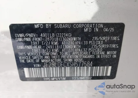 2025 Subaru Forester Sport z USA, uszkodzony, nr VIN JF2SLDFCXSH577584